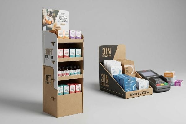 Display Engagement Zones Cardboard POP and POS displays: "30ft Disruption", "3ft Interest", "3in Conversion", "Immediate Access".