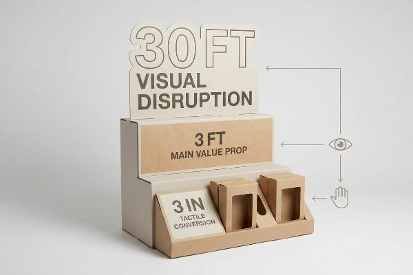 Three-tiered paperboard display demonstrates the 3-3-3 Spatial Engagement rule: 30ft Visual Disruption, 3 Ft Main Value Prop, and 3 In Tactile Conversion.