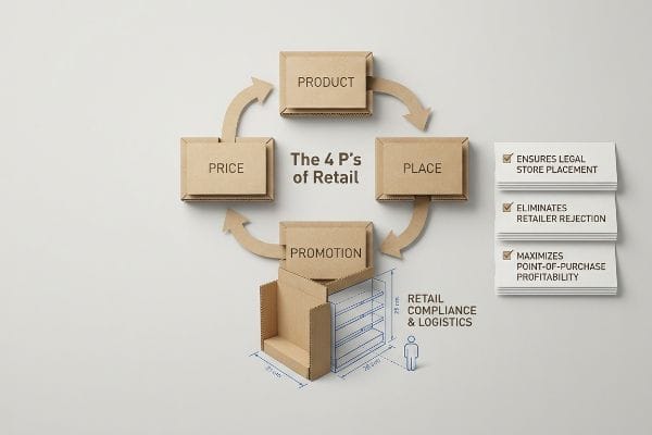 Des boîtes en carton illustrent les 4 P du commerce de détail : Produit, Prix, Place (ou distribution) et Promotion. Un présentoir de 31 x 25 x 28 cm met en avant la conformité et la logistique du commerce de détail, garantissant un placement légal en magasin, éliminant les refus des détaillants et optimisant la rentabilité sur le lieu de vente.