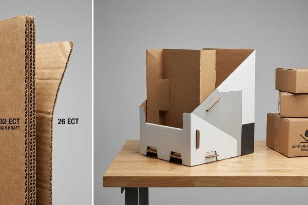 Bordas de papel kraft virgem 32 ECT e papelão ondulado 26 ECT, com expositor para varejo e caixas com revestimento resistente à umidade.