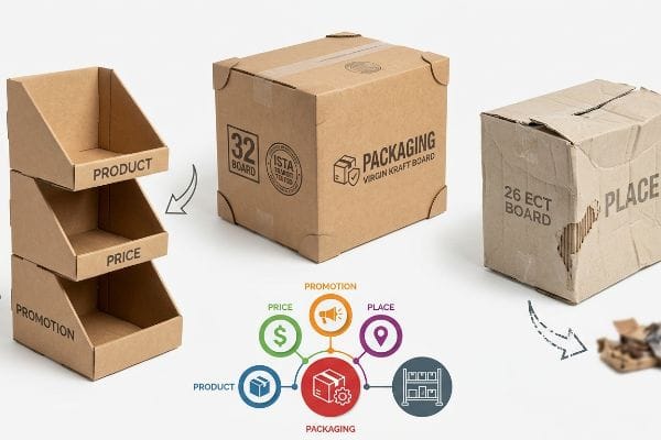 Brown corrugated boxes and a display stand illustrate the 5 P's of retail, contrasting a pristine 32 Board Virgin Kraft Board, ISTA Transit Tested, with a damaged 26 ECT Board, alongside an infographic.