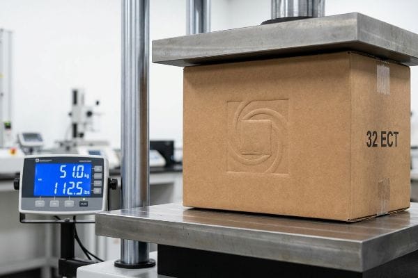 Boîte en carton ondulé brun avec « 32 Ect » et logo en relief subissant un test de compression, la balance numérique indique 51,0 kg / 112,5 lbs, démontrant son intégrité structurelle.