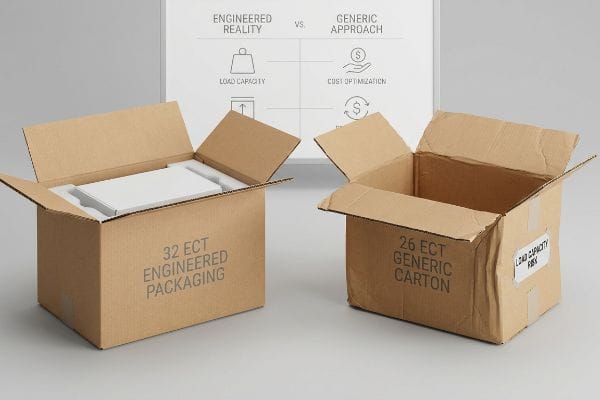 Engineered vs Generic Packaging A sturdy 32 Ect Engineered Packaging box with foam inserts next to a crumpled 26 Ect Generic Carton, highlighting load capacity risk.