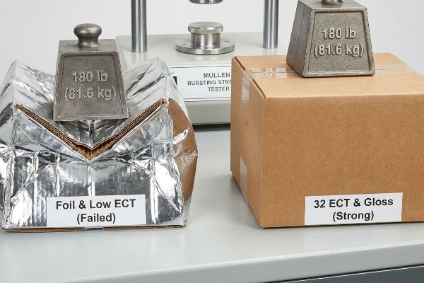A collapsed 'Foil & Low ECT (Failed)' package and a strong '32 ECT & Gloss' box, both under 180 lb (81.6 kg) weights, on a Mullen tester.