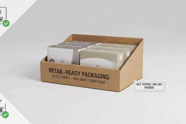 Brown corrugated retail-ready packaging display tray, 32 ECT Kraft, Walmart compliant, BCT tested 350 Lbs passed.