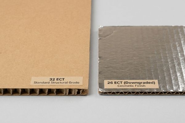 Brown 32 ECT Standard Structural Grade corrugated board beside silver 26 ECT (Downgraded) Cosmetic Finish.