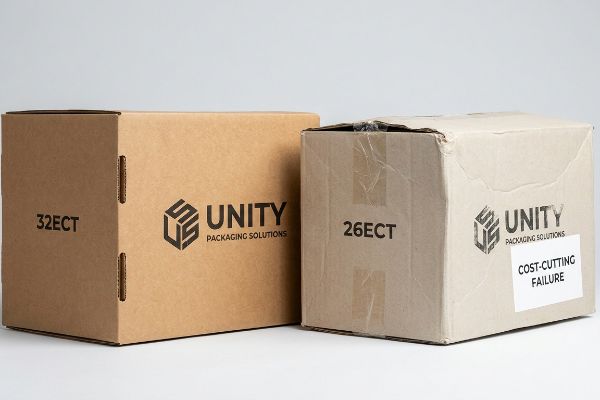Two corrugated cardboard boxes, one sturdy 32ECT and one flimsy 26ECT with a 'Cost-Cutting Failure' label, both featuring Unity Packaging Solutions logo.