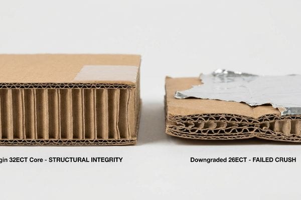 A thick virgin 32ECT core corrugated board, labeled 