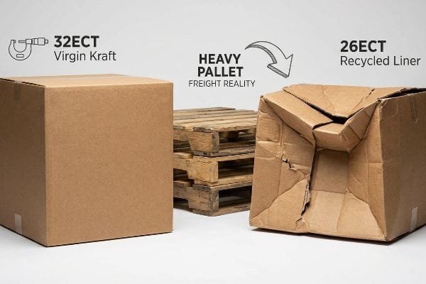 Pallet Freight Reality An intact 32ECT Virgin Kraft box stands firm next to a crushed 26ECT Recycled Liner box, illustrating Heavy Pallet Freight Reality.