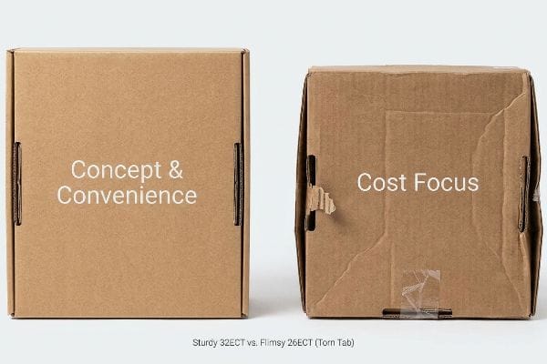 Brown corrugated boxes comparing a sturdy 32ECT 'Concept & Convenience' design with a flimsy 26ECT 'Cost Focus' box featuring a torn tab and clear tape.