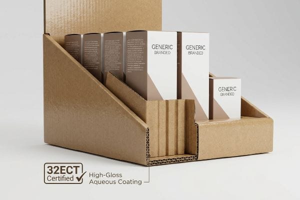 Brown corrugated cardboard countertop POP display with Generic Branded boxes, highlighting 32ECT Certified material and High-Gloss Aqueous Coating.