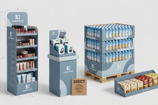Corporate branded displays: cosmetic floor unit, electronics countertop, beverage pallet, snack shelf tray, and 32ECT cardboard sample.