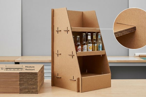 Moisture resistant 32ECT corrugated cardboard display stand with slot-tab assembly, holding beverage bottles, next to flat sheets showing flute structure.