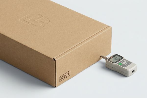 The brown corrugated box features a 
