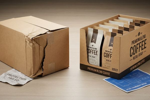 Damaged brown corrugated box with 'Protection Failed' paper, beside a retail-ready display of Premium Blend Coffee pouches, showing 32ECT failure.