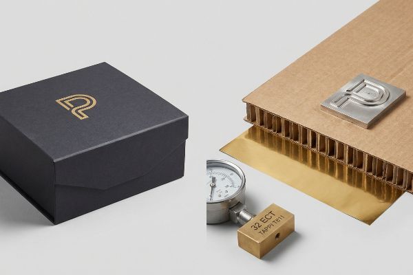 Black box with gold foil logo, corrugated board, gold foil, and a brass block marked '32 Ect Tappi T811' for quality.