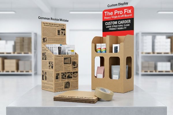 Virgin kraft board displays: 'Rookie Mistake' text unit and 'Pro Fix' custom carder with large product visibility.