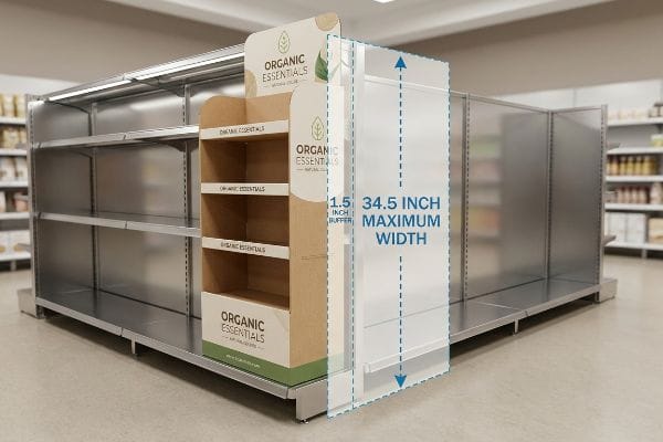 Endkappendisplay aus Karton für Bio-Produkte mit einer maximalen Breite von 34,5 Zoll und einem 1,5 Zoll breiten Puffer neben einem leeren Verkaufsregal.