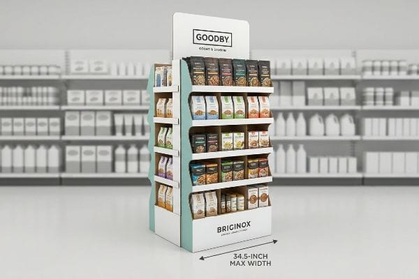 Présentoir de tête de gondole pour magasin Présentoir de bout de gondole en carton ondulé, de marque Goodby et Bricinox, rempli de produits alimentaires emballés, avec une largeur maximale de 34,5 pouces adaptée aux allées de vente au détail.