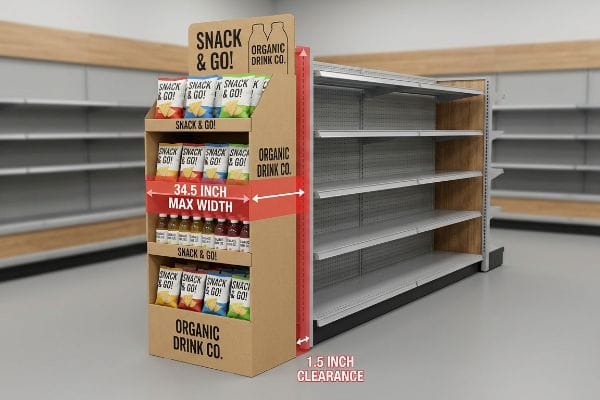 Brown cardboard end cap display for Snack & Go! and Organic Drink Co. products, showing 34.5 Inch Max Width and 1.5 Inch Clearance by a grocery gondola.