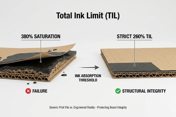 Corrugated board comparison: 380% Saturation causes ink bleed, Failure; Strict 260% Total Ink Limit (TIL) ensures Structural Integrity.