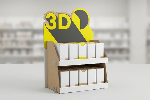 Brown cardboard two-tiered display with yellow 3d die-cut header and white product boxes.