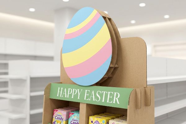Corrugated display features a 3D die-cut Easter egg with pastel stripes and 