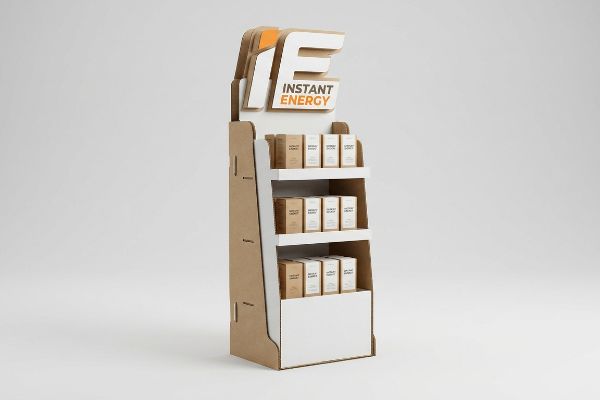 Kraft cardboard point of purchase display with white shelves, featuring a 3D die-cut header displaying 'IF Instant Energy' branding. It holds multiple small product boxes.
