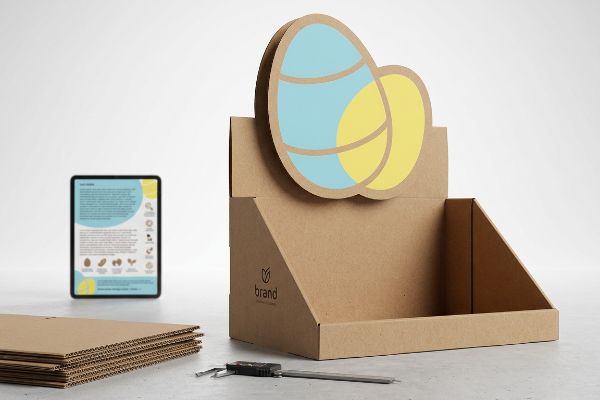 Brown corrugated cardboard retail display features a 3D die-cut Easter egg header, a 'brand' logo, and a caliper tool.