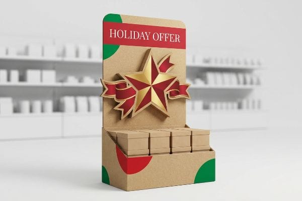 Holiday Offer POP Display Kraft corrugated display featuring a 3D golden star and red ribbon, promoting a 'Holiday Offer' with stacked product boxes.