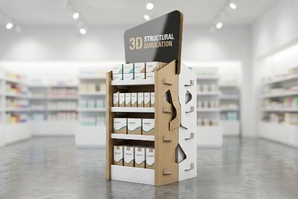 3D Structural Simulation Display Cardboard FSDU, brown and white, featuring a prominent 3D Structural Simulation header, filled with product boxes in a retail aisle.