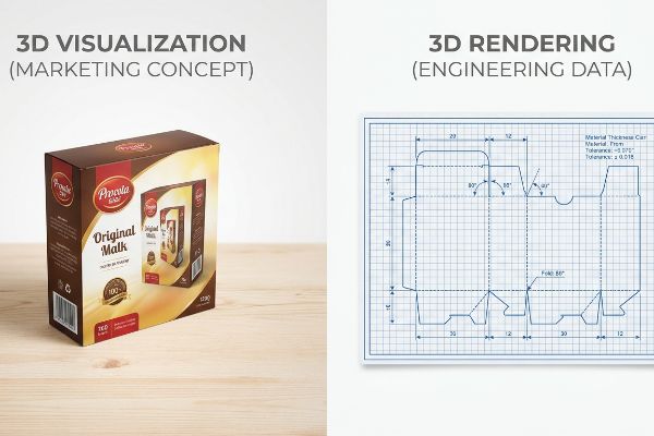 Brown Provola Original Malk 3D Visualization (Marketing Concept) box contrasting with a 3D Rendering (Engineering Data) die-cut blueprint.