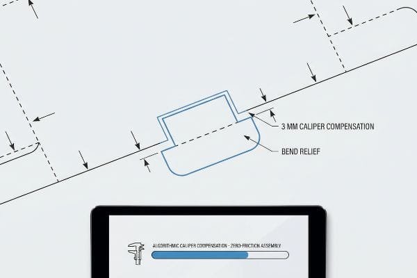 Schematic diagram detailing 3 mm Caliper Compensation and Bend Relief, alongside a tablet showing Algorithmic Caliper Compensation - Zero-Friction Assembly.