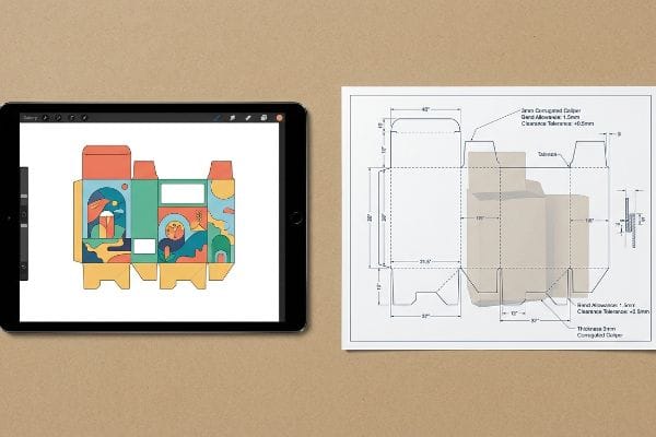 Tablet displaying colorful box dieline and technical drawing with 3mm Corrugated Caliper, 1.5mm Bend Allowance, 0.5mm Clearance Tolerance.