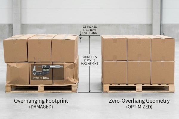 Brown cardboard boxes on pallets compare 4.1 mm inward bow from 0.5-inch overhang (damaged) with optimized zero-overhang geometry, highlighting 50-inch max height.