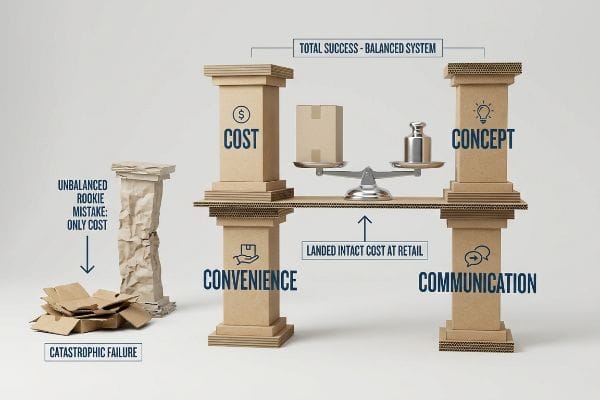 Des piliers en carton illustrent les 4 C de l'emballage : Coût, Concept, Commodité, Communication, démontrant ainsi l'équilibre du système par opposition à un échec catastrophique dû à une focalisation exclusive sur le coût.