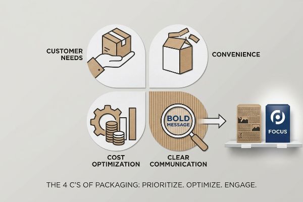 Diagram illustrating the 4 C's of packaging: Customer Needs, Convenience, Cost Optimization, and Clear Communication, leading to a focused product.