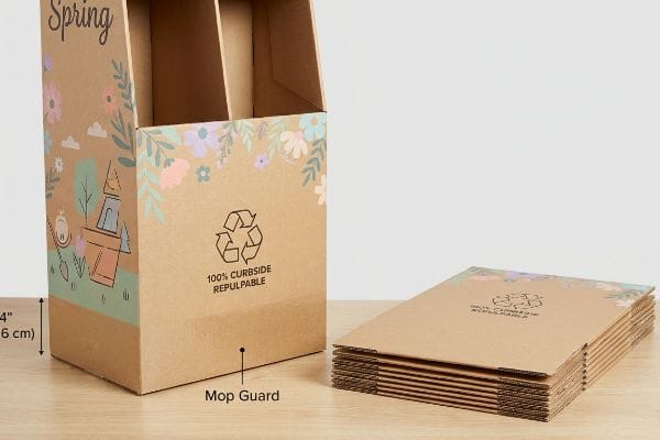 Protection de balai à franges pour présentation saisonnière Présentoir saisonnier en carton ondulé vierge avec graphismes « Printemps », 100 % repulpable en bordure de trottoir, montrant un protège-serpillière de 4 pouces (10,16 cm), à côté d'unités en kit.