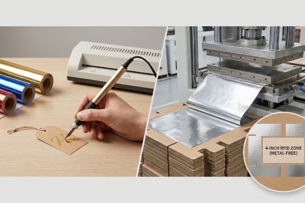 A hand applies gold foil with a heat pen, alongside industrial foil stamping and a 4-Inch RFID Zone (Metal-Free) on cardboard.