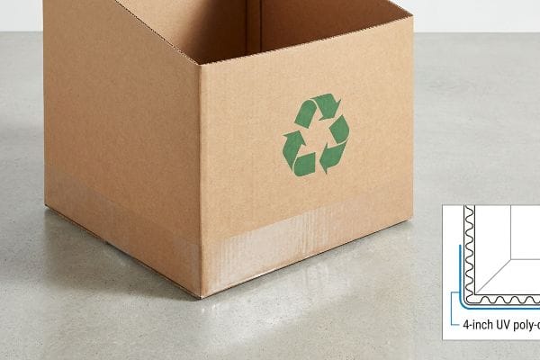 Brown corrugated cardboard box with a green recycling symbol, showcasing a 4-inch UV poly-coat Mop Guard moisture barrier on its base.