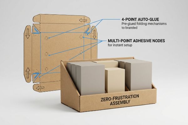 Corrugated cardboard PDQ display engineering details 4-Point Auto-Glue and Multi-Point Adhesive Nodes on a flat-packed unit, beside an assembled tray labeled Zero-Frustration Assembly.