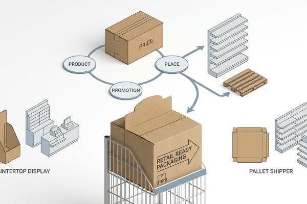 Diagram of 4 P's Logistics (Product, Price, Place, Promotion) connecting Retail Ready Packaging, Countertop Display, and Pallet Shipper.