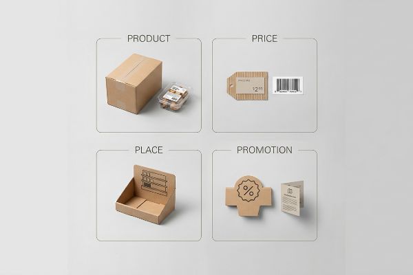 Corrugated cardboard visuals illustrate the 4 P's of merchandising: Product, Price, Place, and Promotion, featuring packaging, a $2.00 tag, and a display.
