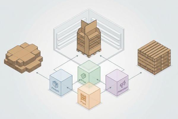 Diagrama que mostra os 4 Ps do Visual Merchandising: Produto, Preço, Praça (ou Distribuição) e Promoção, associados a papelão, displays de ponto de venda (PDV) e paletes.