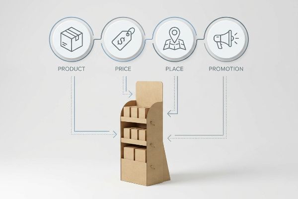 A brown cardboard retail display stand filled with kraft boxes, illustrating the 4 P's of Retail: Product, Price, Place, Promotion.
