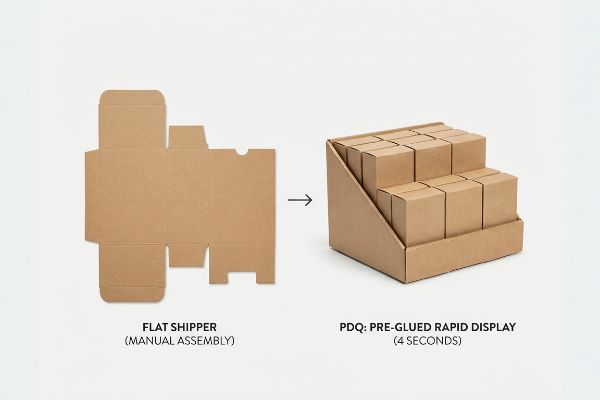 Brown corrugated flat shipper transforms into a Pre-Glued Rapid Display, showing 4-second assembly for 12 small boxes.