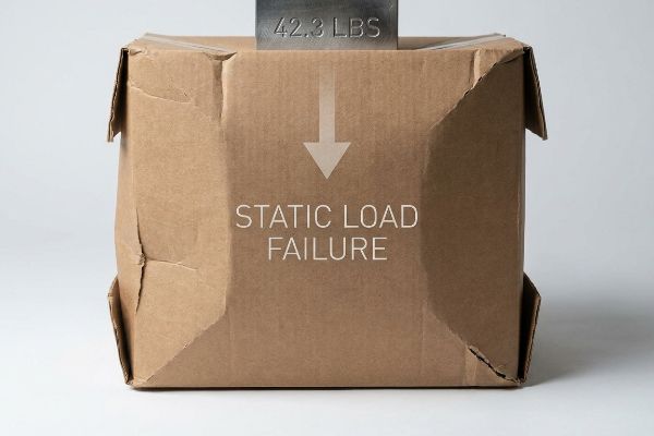 Brown cardboard box buckling under 42.3 LBS, showing 'Static Load Failure' from top-load compression.