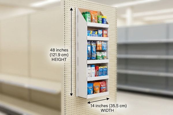 White cardboard power wing display, 48 inches (121.9 cm) Height by 14 inches (35.5 cm) Width, showcasing products on a retail pegboard.