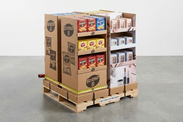 Corrugated display-ready half-pallet with Brand A snacks and Brand B makeup, measured at 48 inches, demonstrating a shared GMA footprint.