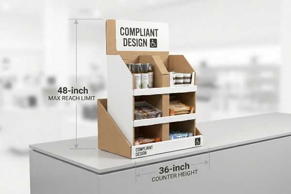白と茶色の段ボール製の卓上POSディスプレイには、「準拠設計」の文字が印刷されており、高さ36インチのカウンター上で最大到達距離48インチの制限に準拠しています。.